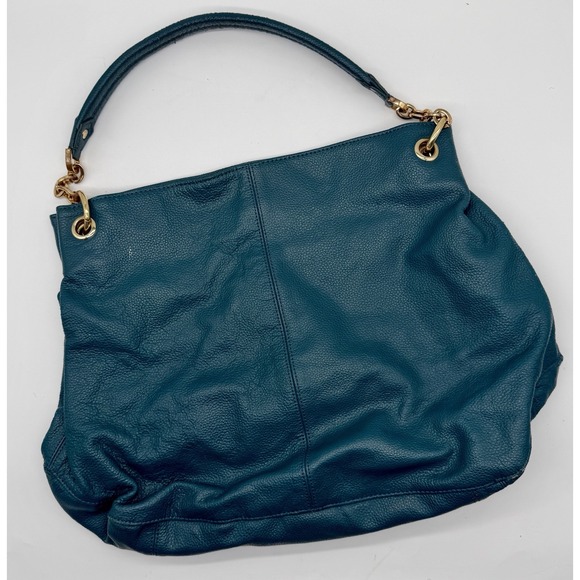 Cuore & Pelle Handbags - Cuore & Pelle Teal Blue Genuine Pebbled Leather Hobo Shoulder Bag Gold Chain